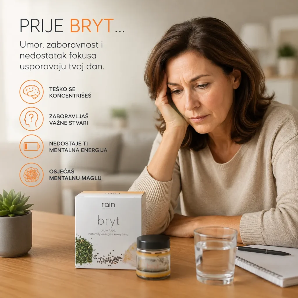 Žena srednjih godina koristi Rain Bryt za podršku pamćenju, fokusu i mentalnoj energiji