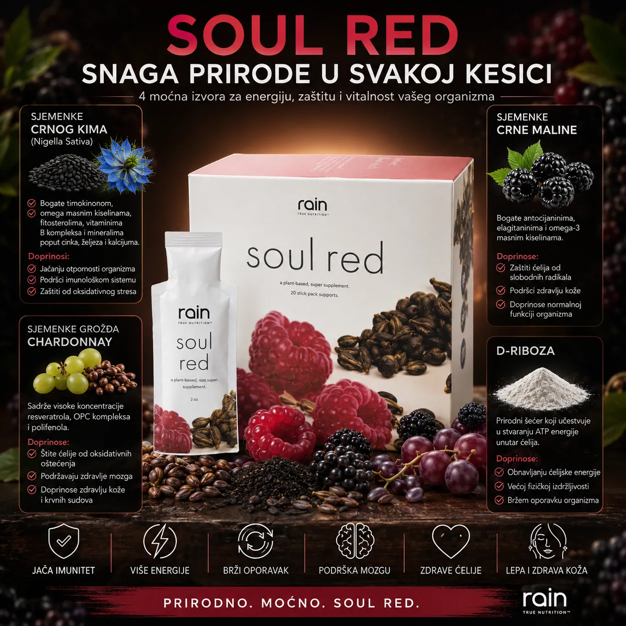 Rain Soul Red prirodni dodatak ishrani sa crnim kimom, crnom malinom, sjemenkama grožđa i D-ribozom za energiju i imunitet