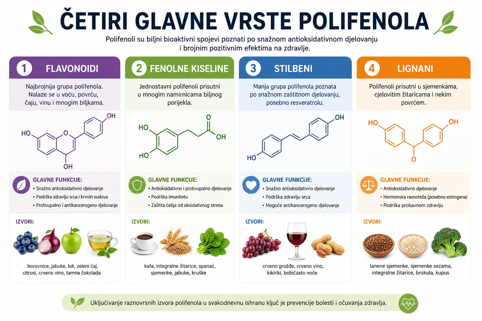 Četiri glavne vrste polifenola (flavonoidi, fenolne kiseline, stilbeni i lignani).