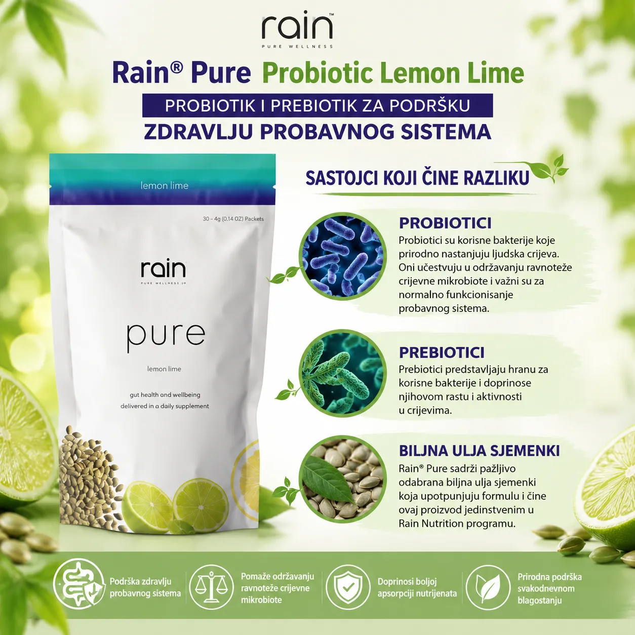 Rain Pure Probiotic Lemon Lime – probiotik i prebiotik za podršku zdravlju probavnog sistema, ravnoteži crijevne mikrobiote i boljoj probavi u Bosni i Hercegovini