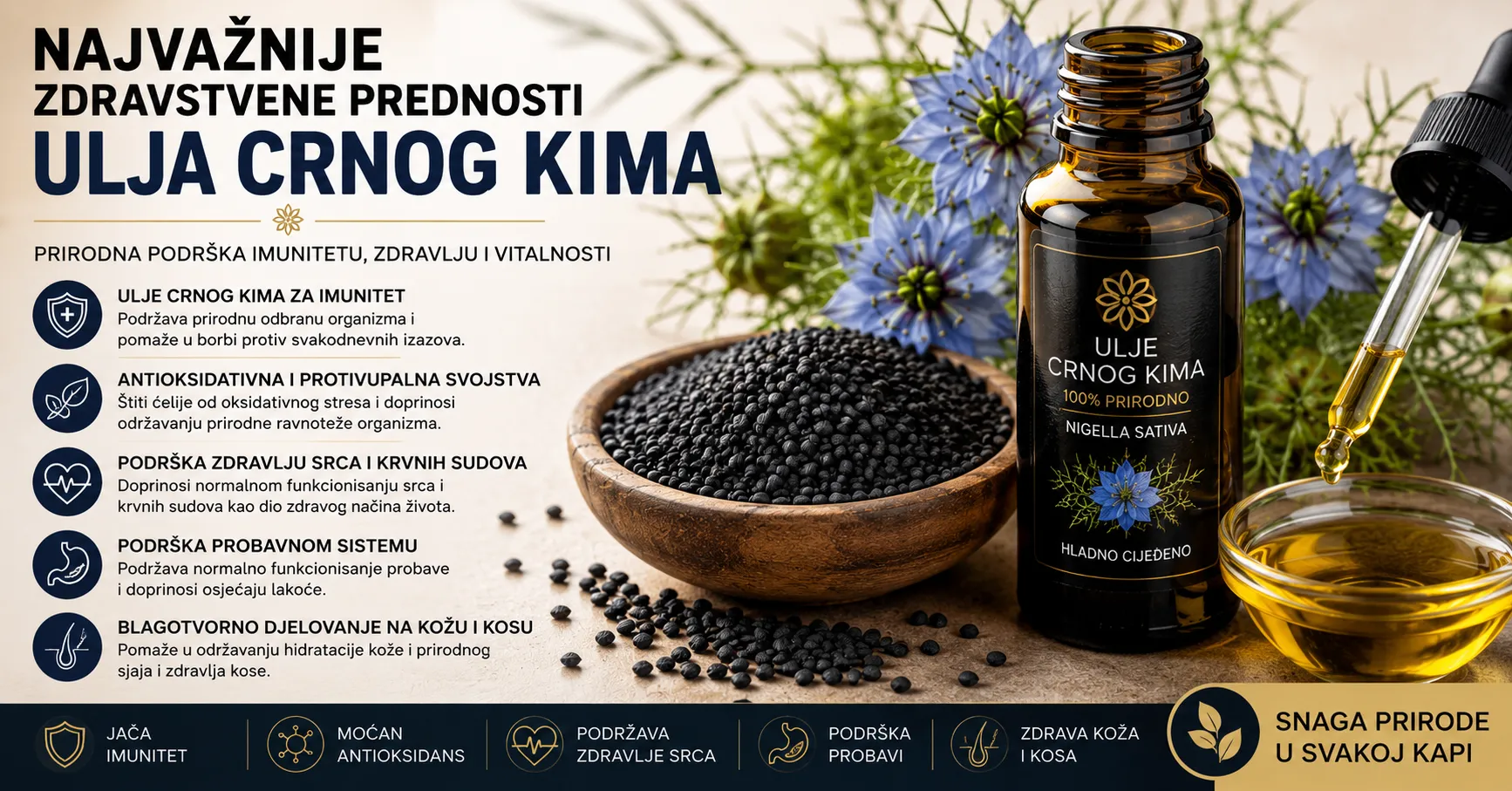 Ulje crnog kima i sjemenke crnog kima – najvažnije zdravstvene prednosti za imunitet, srce, probavu i njegu kože